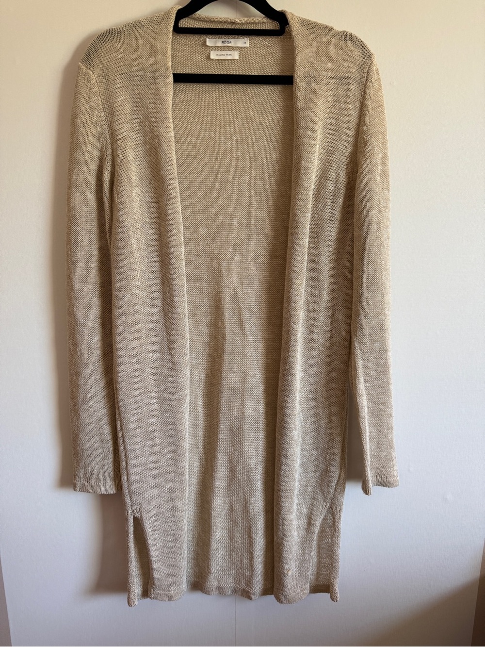 Brax Feel Good Italian Yarn Long Cardigan Beige Metallic Knit Size 34 Coastal